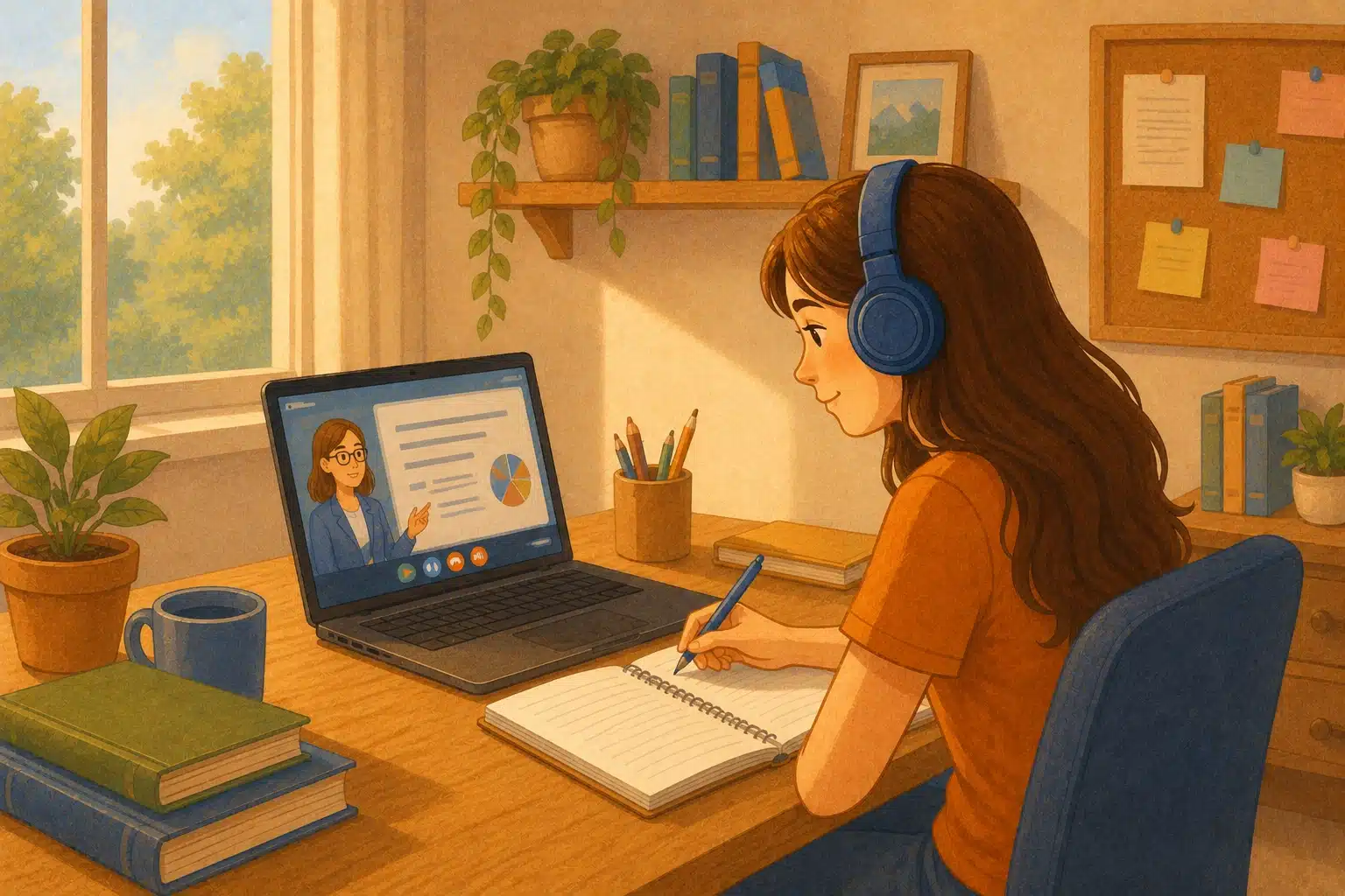 illustration of a student taking notes while watching an online course on her laptop
