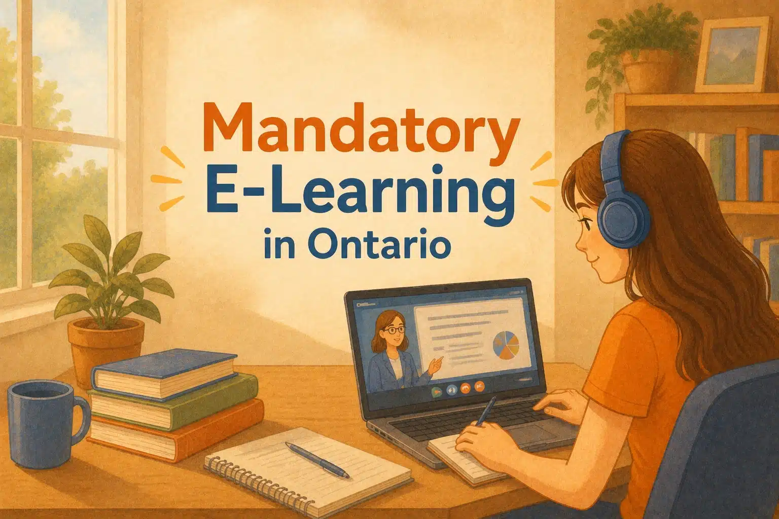 illustration of a student watching an online lecture on her laptop for mandatory e learning in Ontario