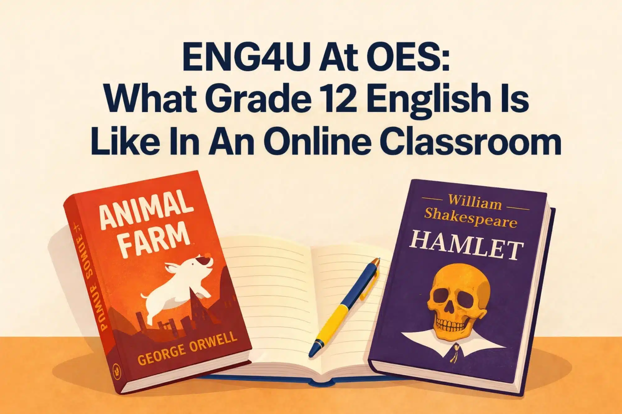 Illustration showing Grade 12 English books Animal Farm and Hamlet with a notebook and pen, representing what grade 12 english is like in an online classroom