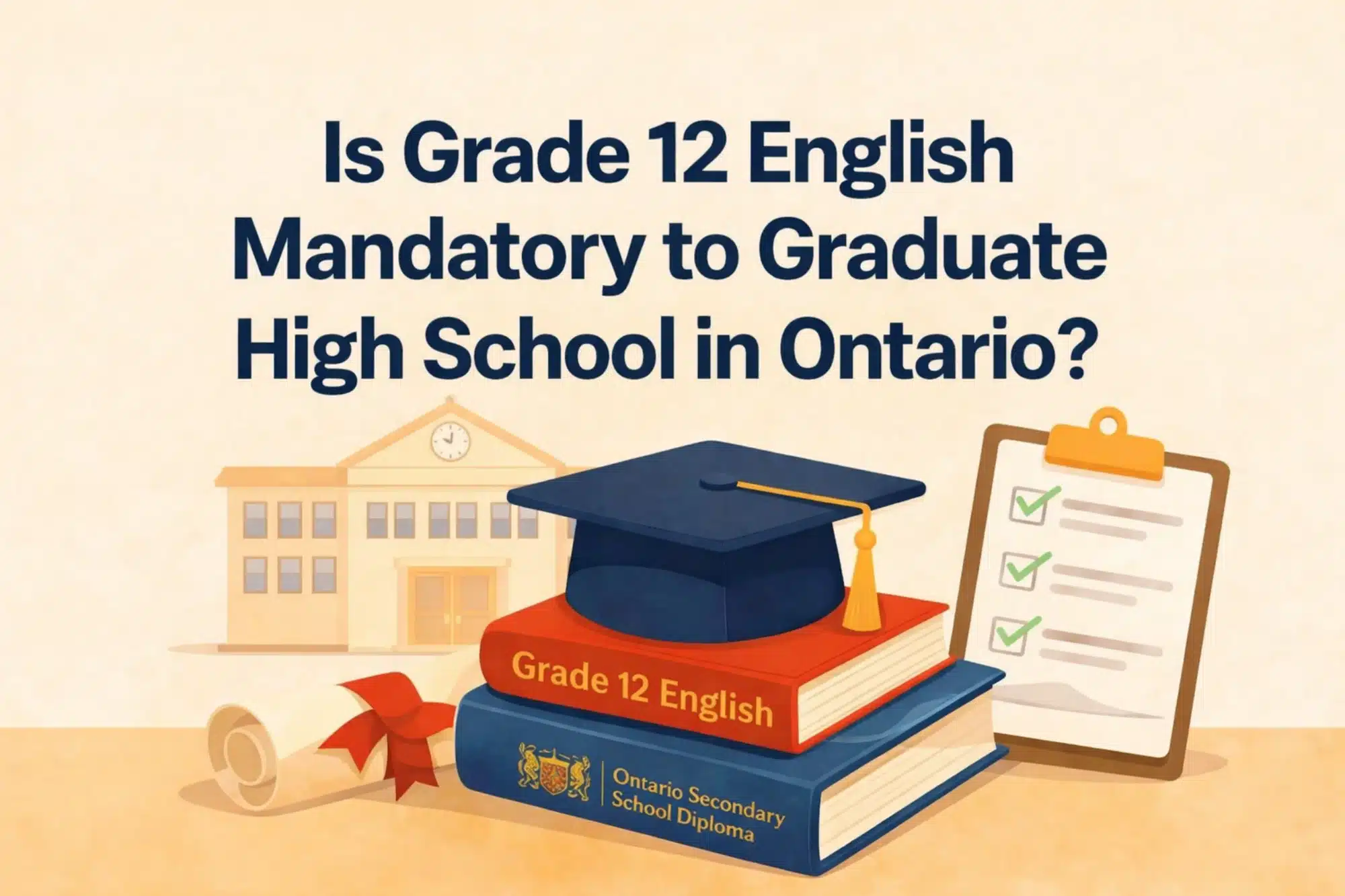 Is Grade 12 English mandatory to graduate high school in Ontario illustrated with a Grade 12 English textbook, graduation cap, diploma, and checklist