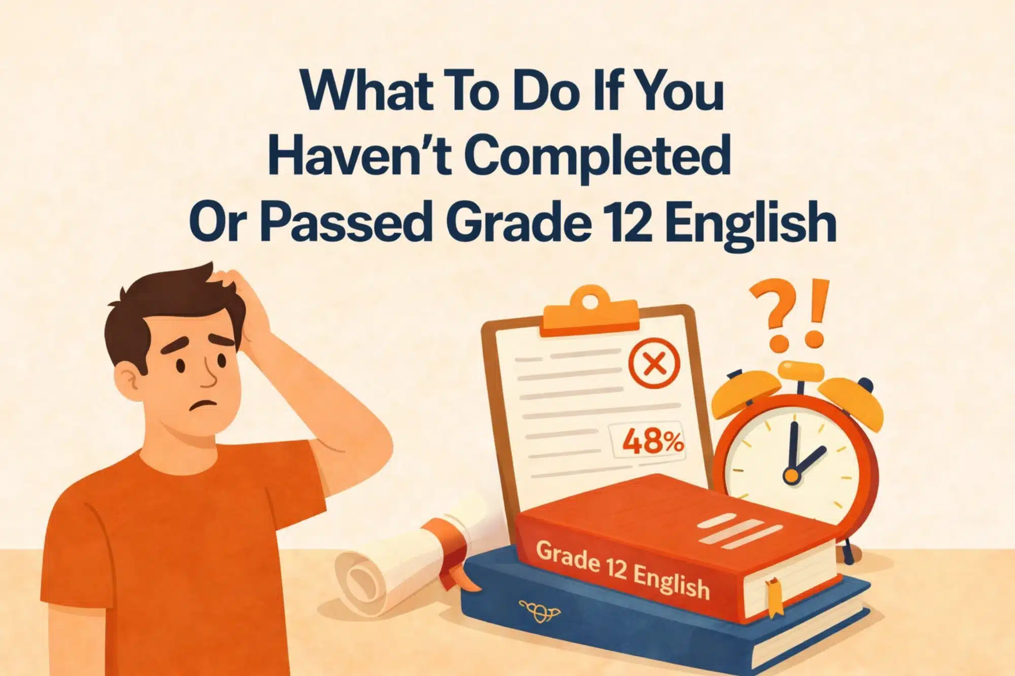 What to do if Grade 12 English is mandatory to graduate high school in Ontario illustrated with a stressed student, failed Grade 12 English report, clock, and textbooks