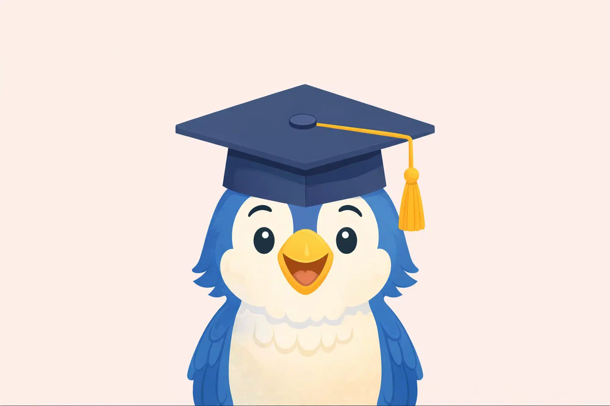 Online bird courses mascot illustrated as a smiling blue bird wearing a graduation cap
