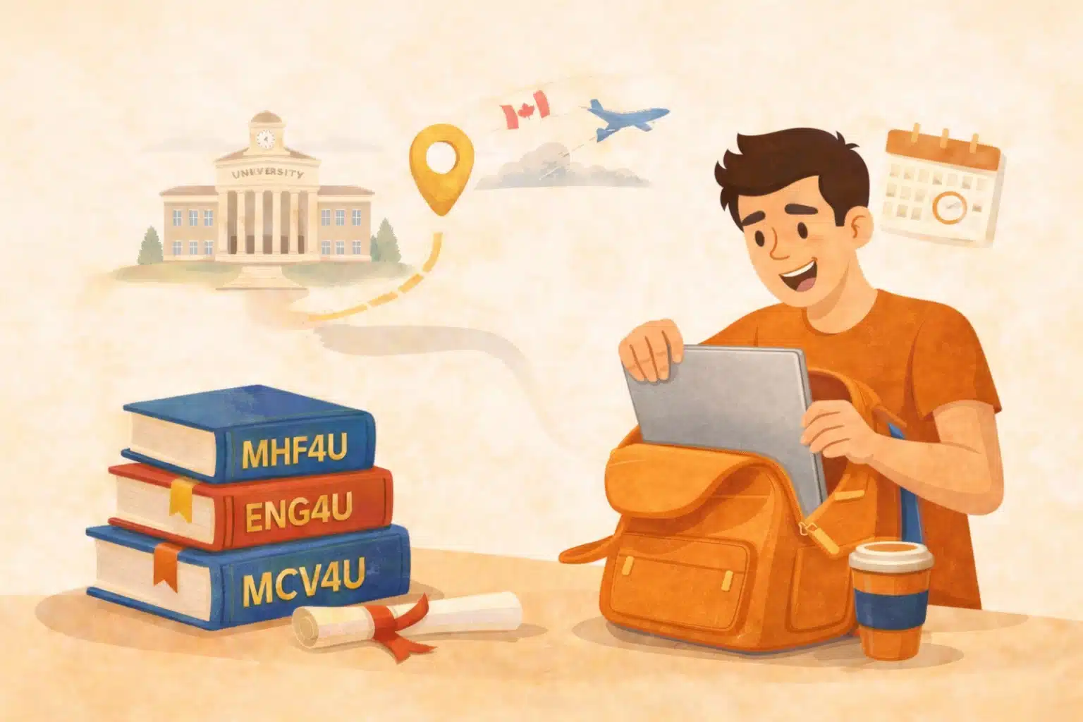 illustration-of-a-boy-packing-his-laptop-in-his-bag-with-textbooks-on-the-table-a-diploma-and-a-coffee-cup-as-he-prepares-to-go-to-university