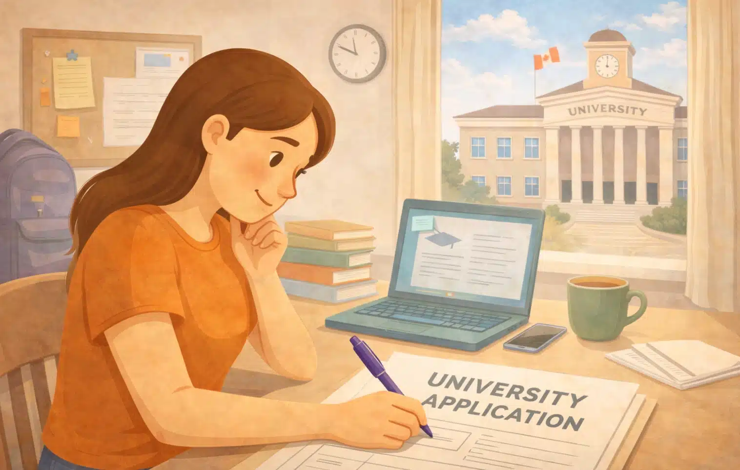 illustration-of-a-girl-filling-out-a-university-application-with-her-laptop-mug-phone-books-and-notebooks-at-her-desk