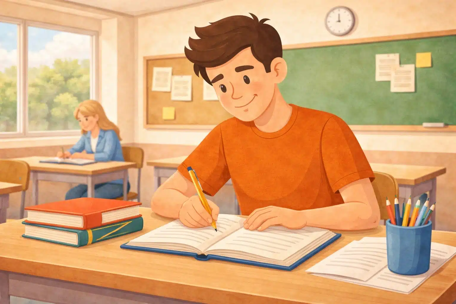 illustration-of-a-boy-writing-in-his-notebook-in-class-with-books-and-a-cup-of-pencils-on-his-desk