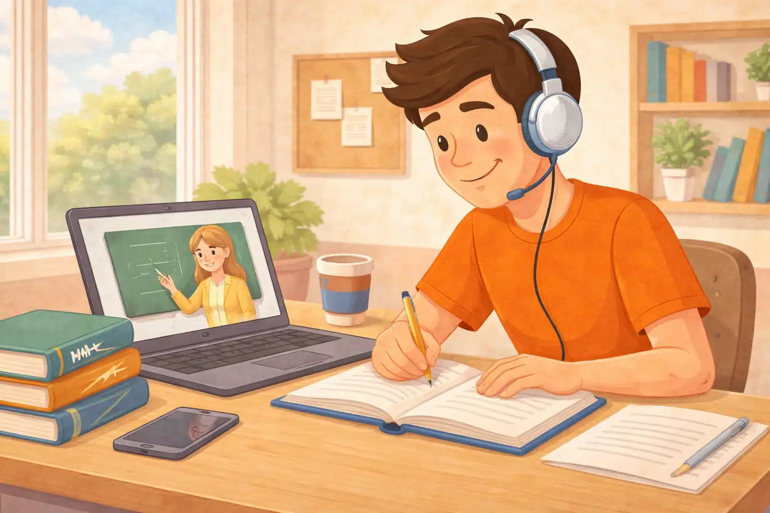 illustration of a student studying online from home while wearing a headset