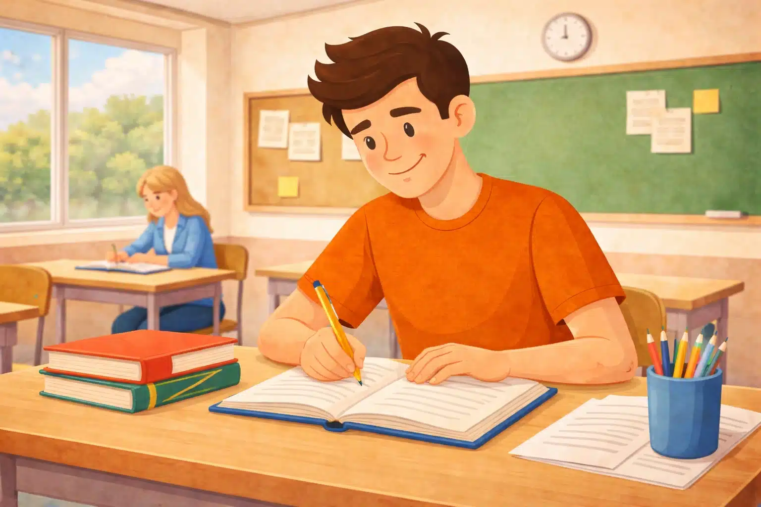 illustration of a student writing in his notebook at school with books and pens on his desk