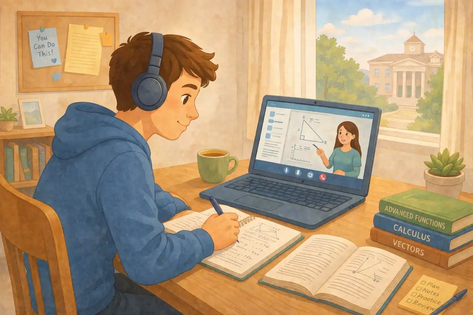 illustration of a boy studying online at his desk wearing a headset