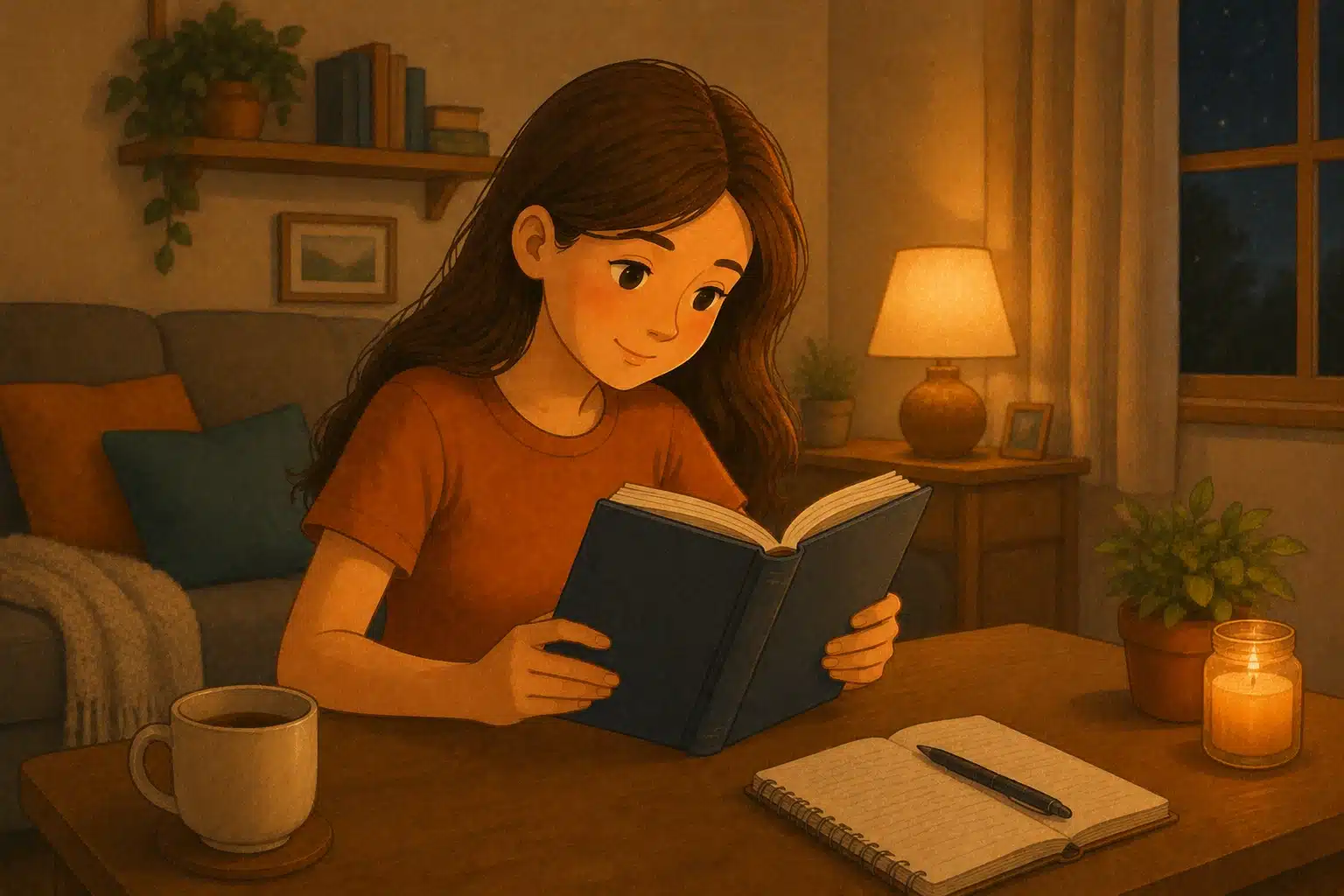 illustration of a girl reading at her desk with a notebook a mug and a candle on the desk