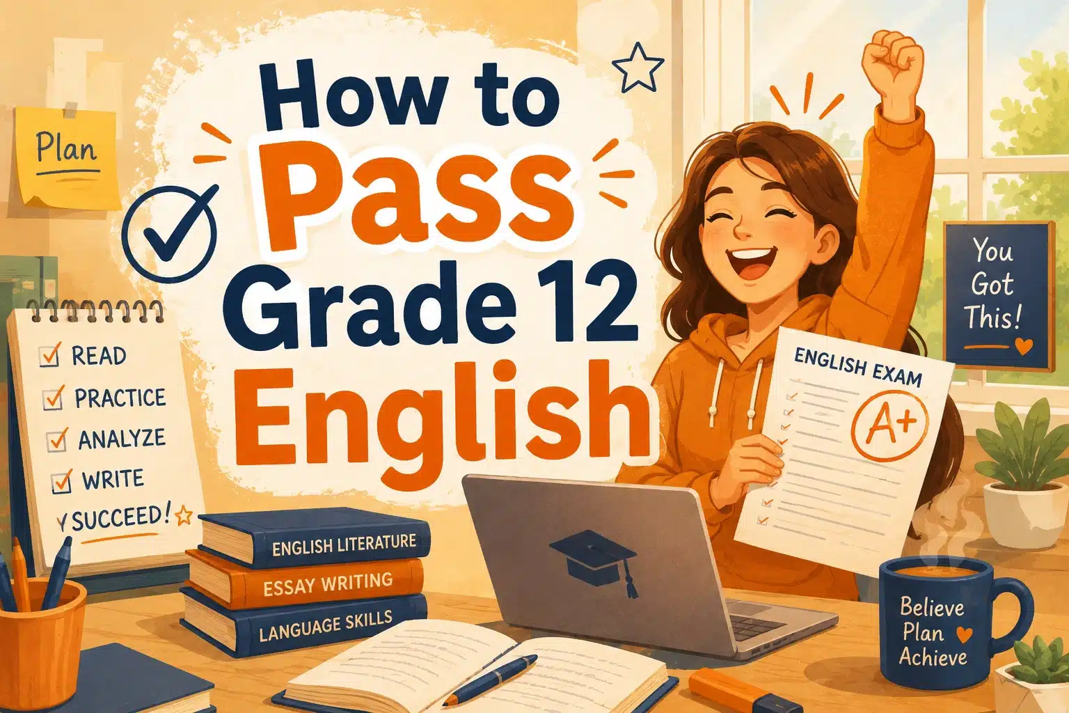 illustration of a girl showing her A+ grade on an english exam with the title how to pass grade 12 english