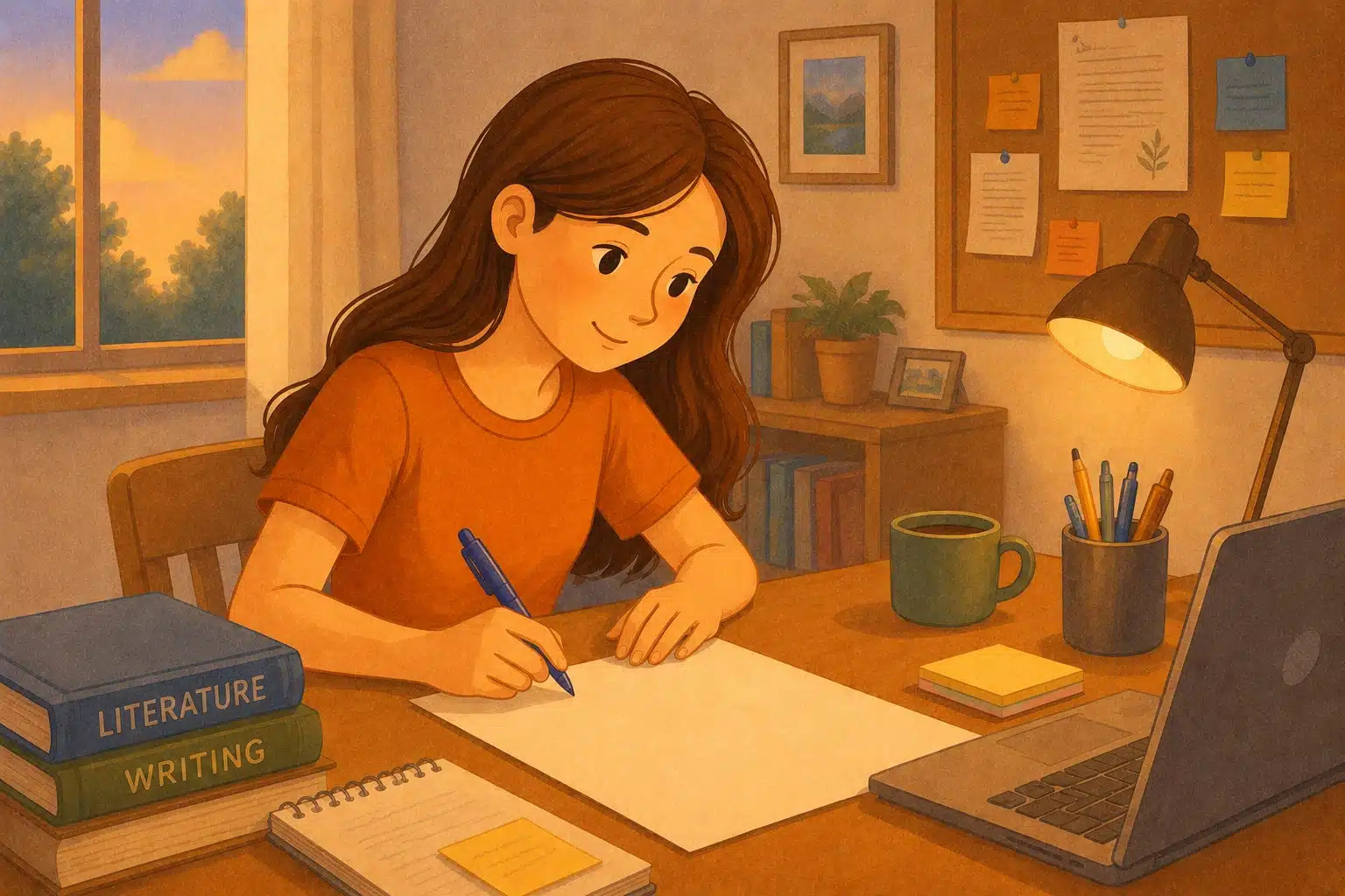 illustration of a girl writing an essay at her desk while she studies from her laptop