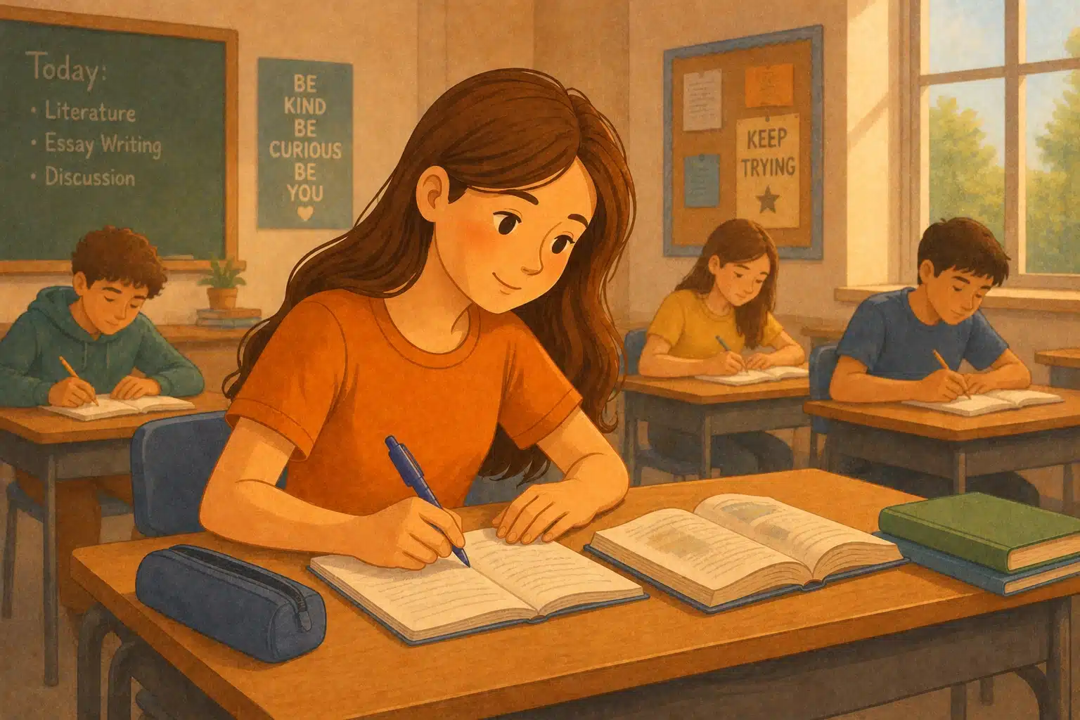 illustration of a student writing in her notebook in class at her desk