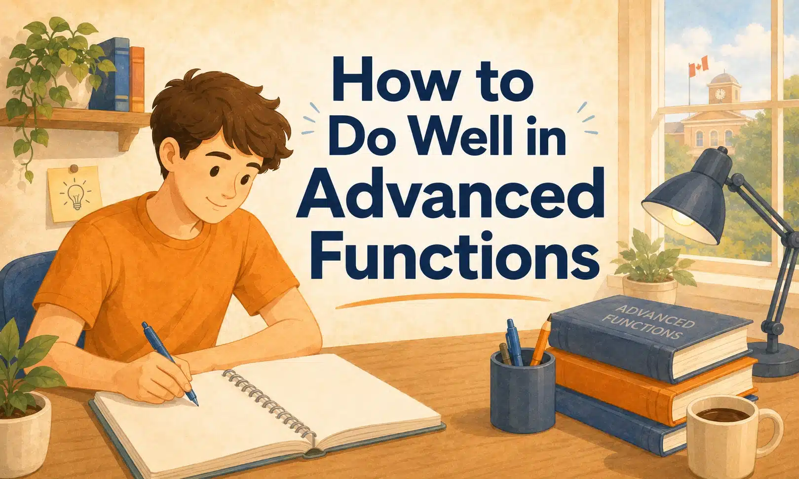 illustration of a boy writing in his notebook at his desk for how to do well in advanced functions