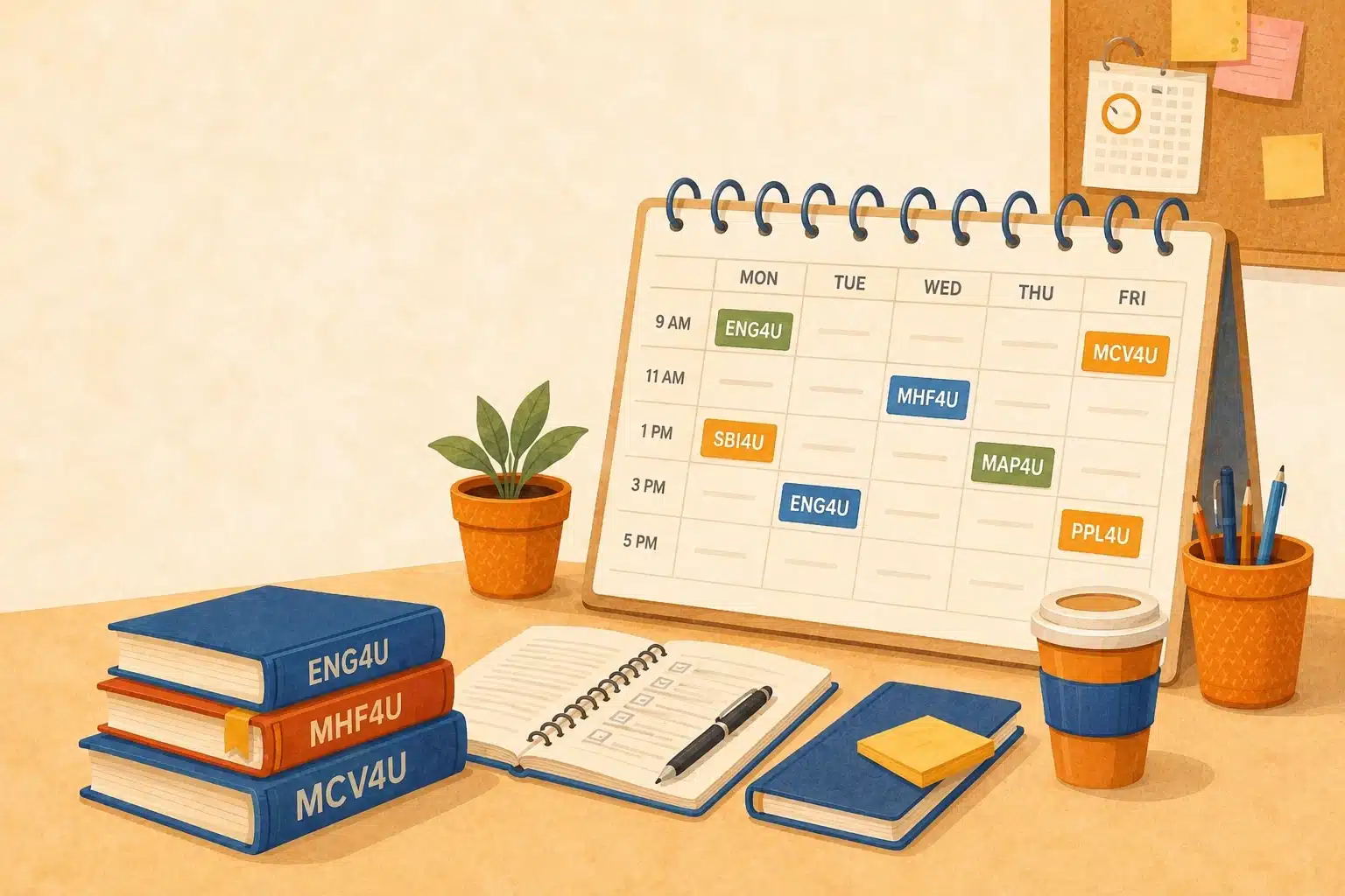 illustration of a calendar displaying a course schedule with textbooks and notebooks on the desk