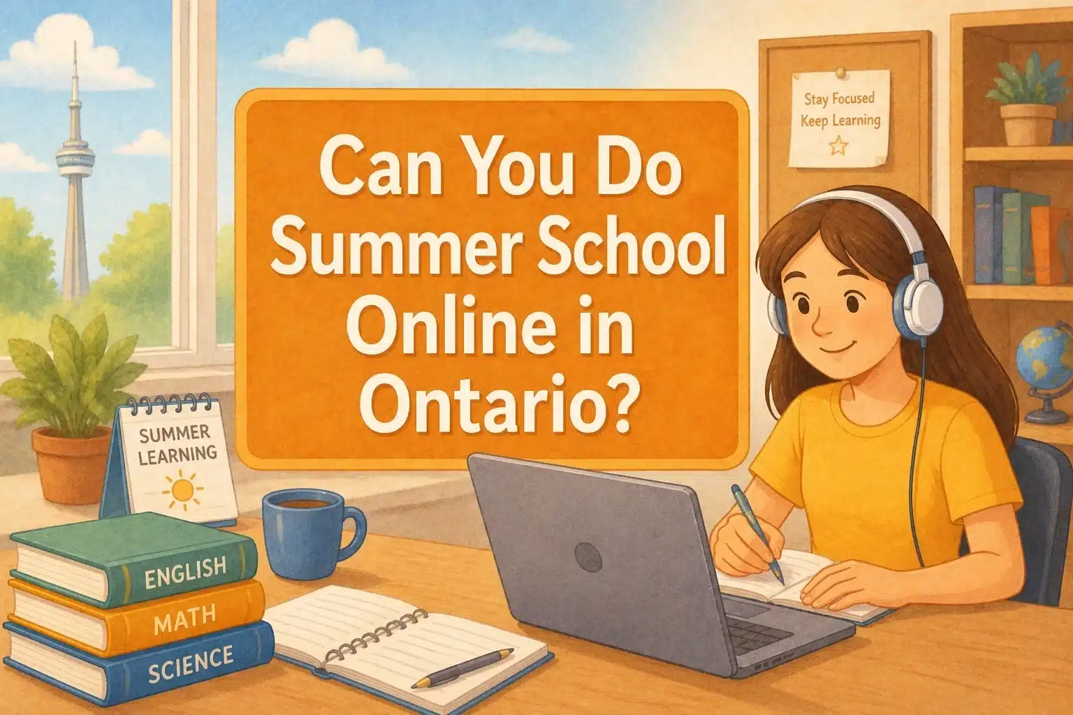 illustration of a girl studying on her laptop at her desk with the title can you do summer school online