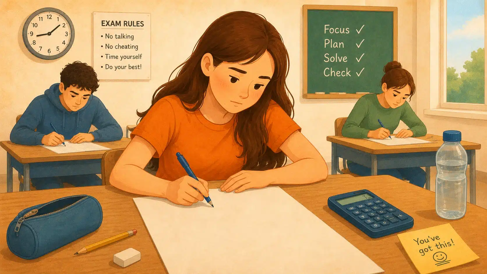 illustration of a girl taking an exam in a classroom with her classmates