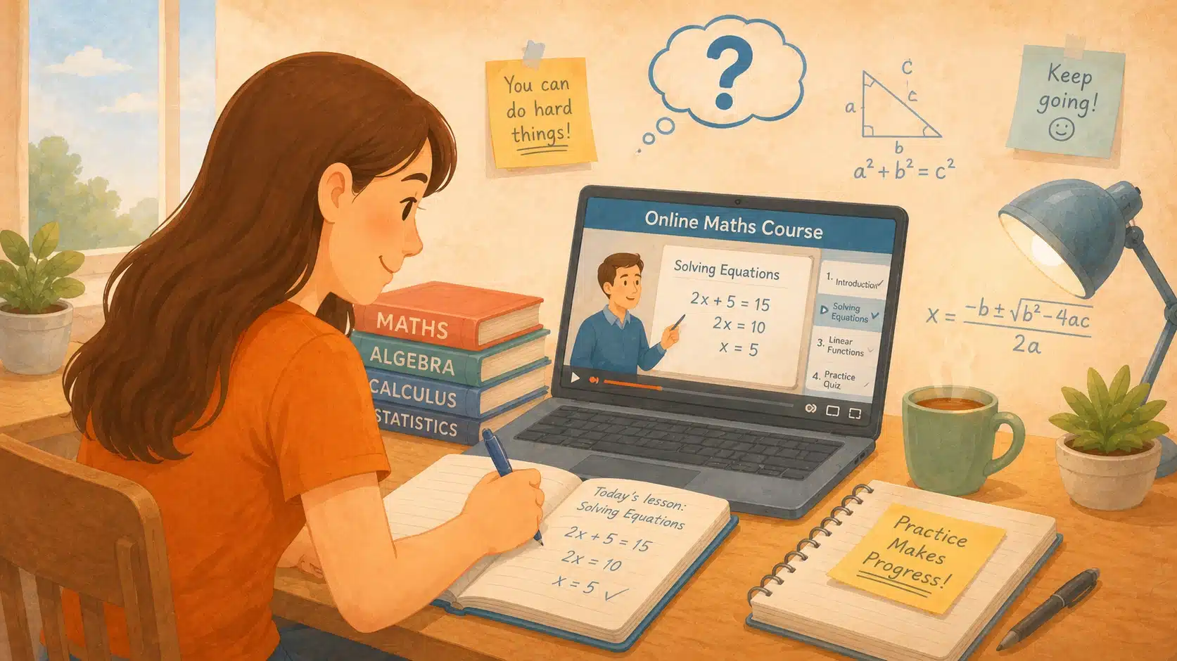 illustration of a girl watching a video from her online maths course while taking notes
