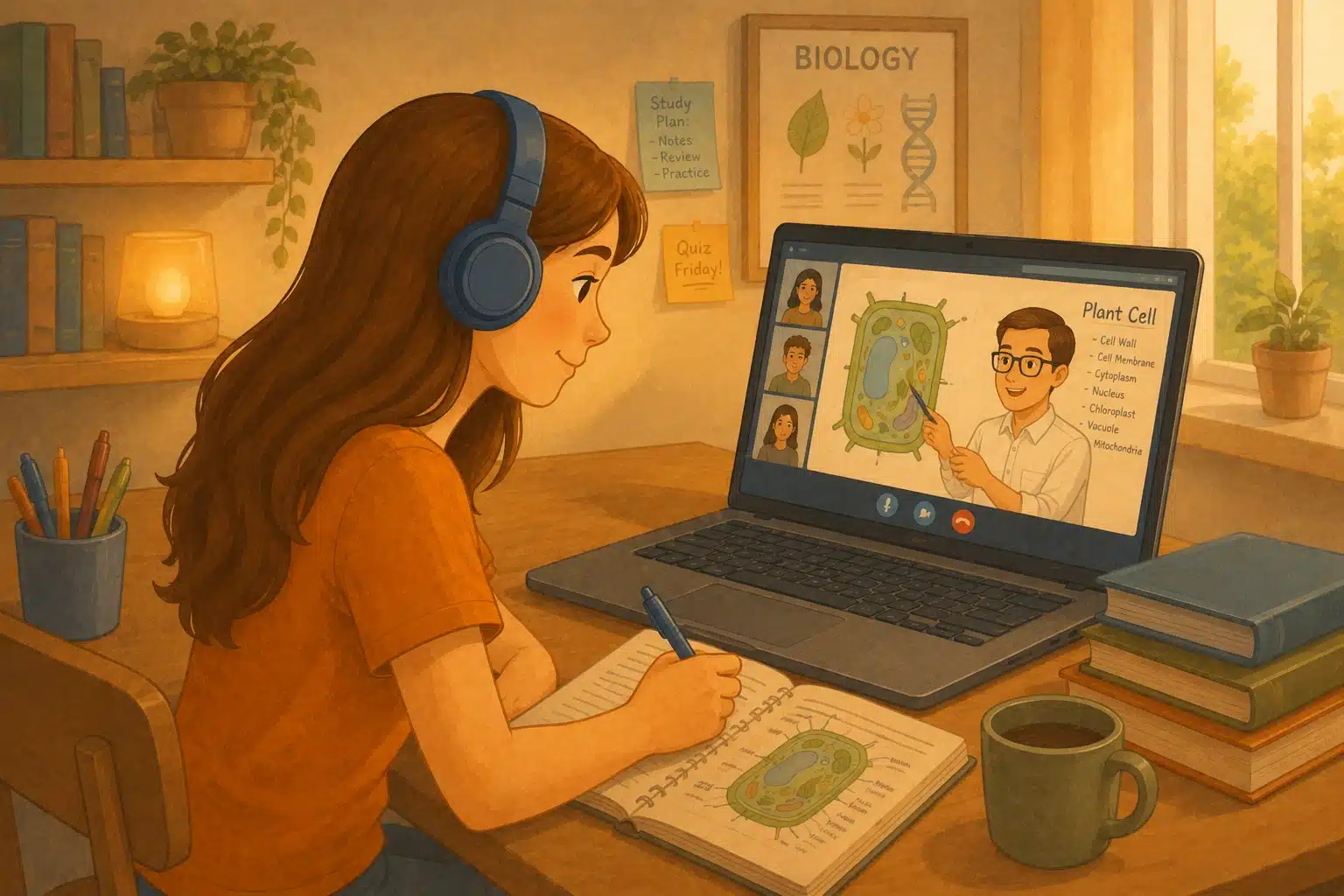 illustration-of-a-student-attending-an-online-biology-class-from-home-while-taking-notes