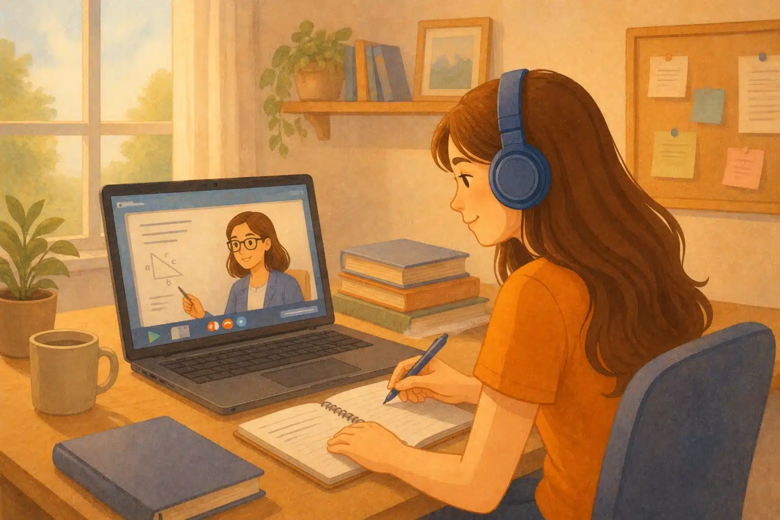 illustration of a student attending an online class on her laptop from her room