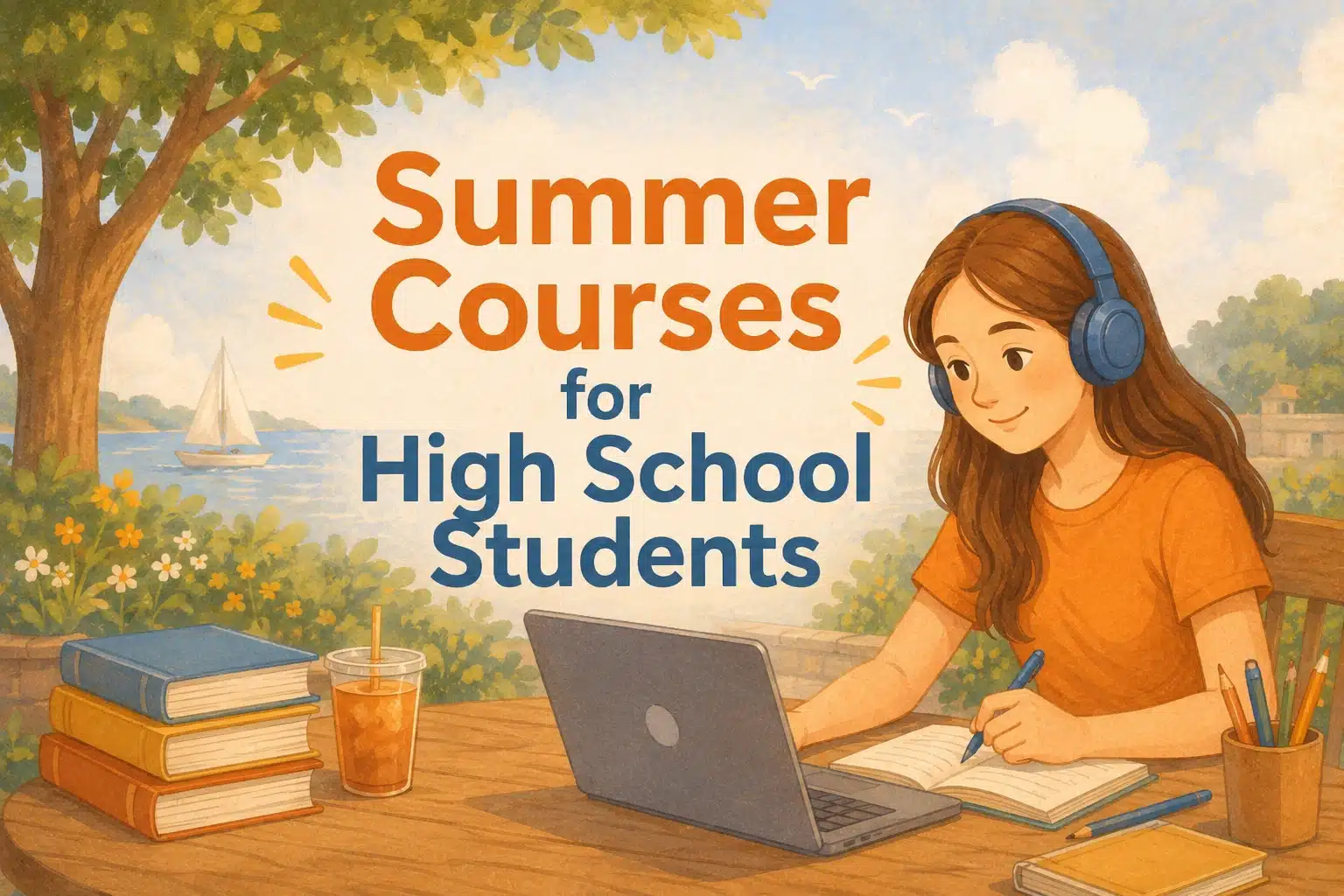 illustration of a student studying with her laptop at a table for summer courses for high school students