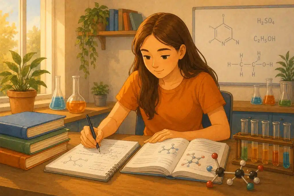 illustration-of-a-student-studying-chemistry-with-books-and-tubes-on-the-table