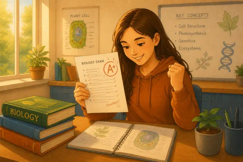 illustration of a student acing grade 12 biology exam