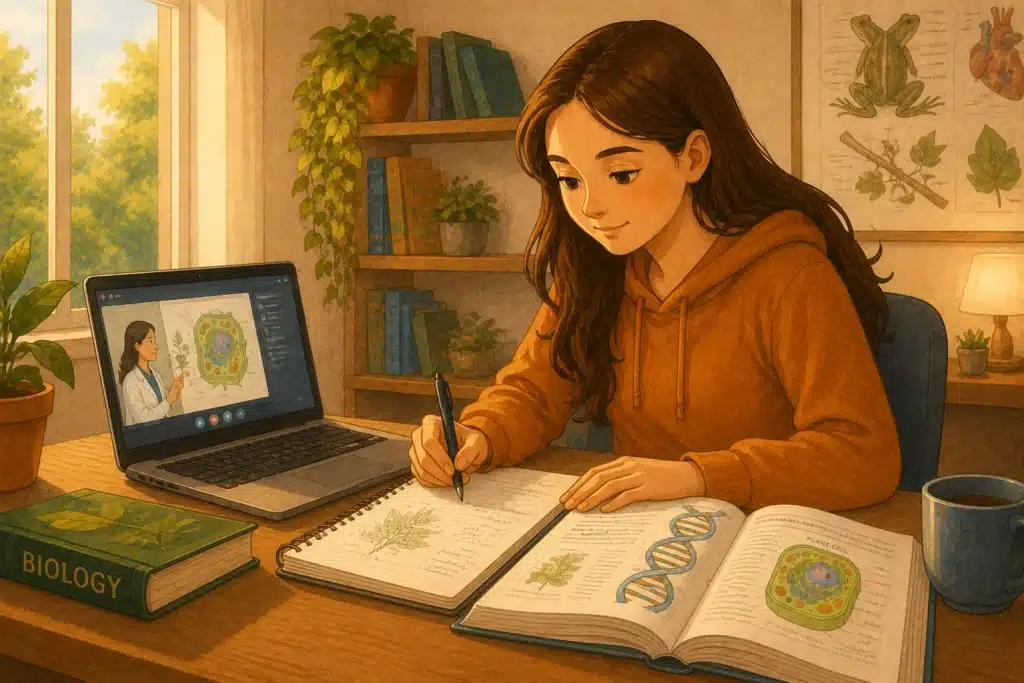 illustration of a student studying biology with an online class at home
