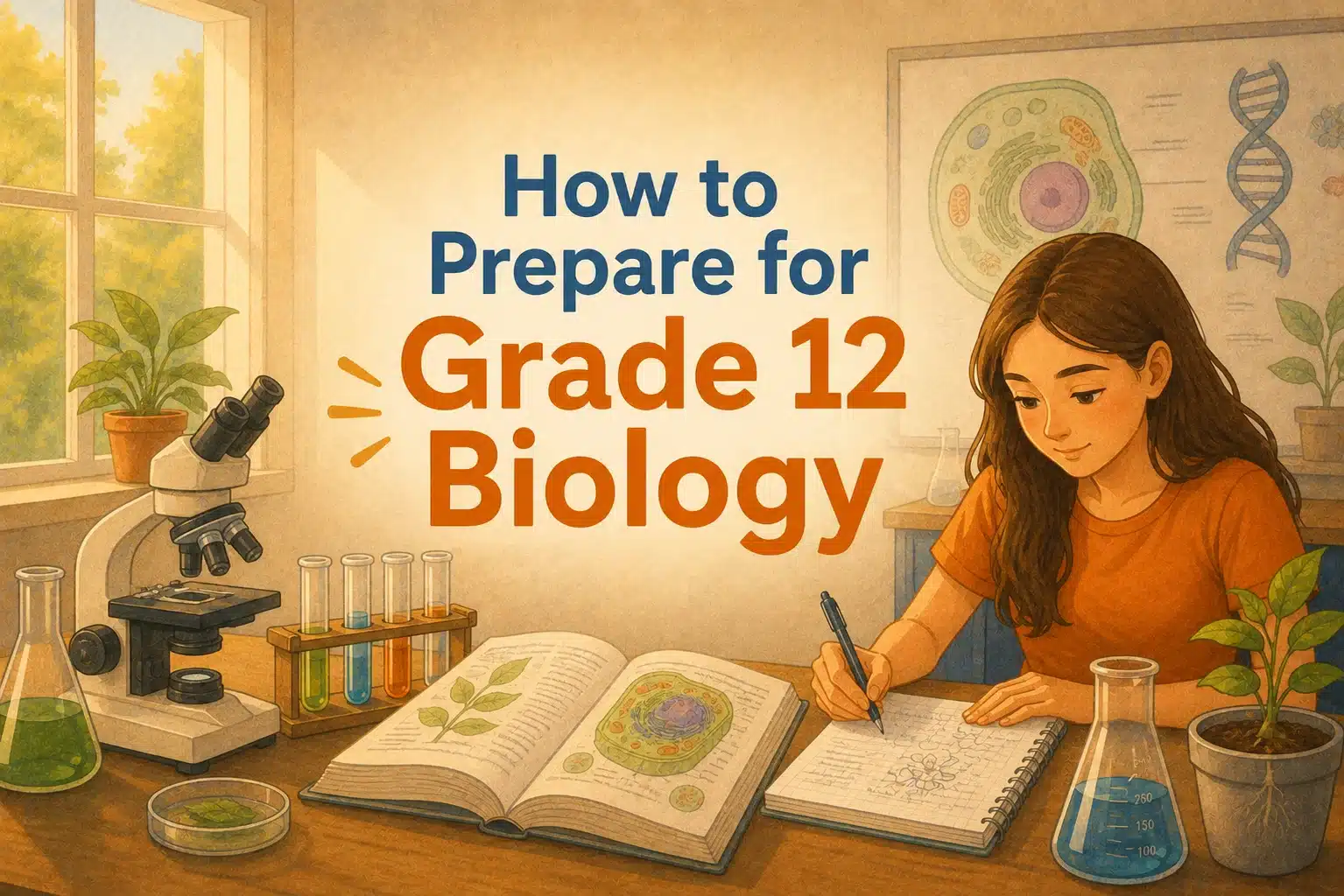 illustration of a student studying sbi4u for how to prepare for grade 12 biology